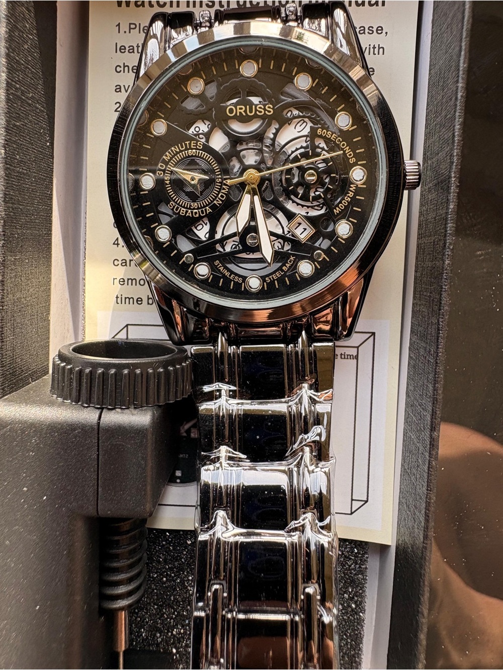 Oruss Men's Black Skeleton Dial Stainless Watch